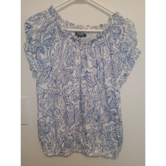 Chaps Tops - Chaps Womens Blue White Paisley Peasant Blouse Smocked Hem Top Size L